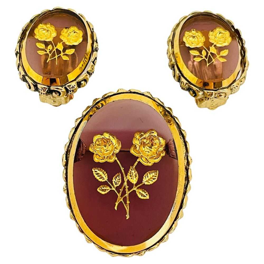 WHITING & DAVIS signed gold glass designer clip on earrings brooch set